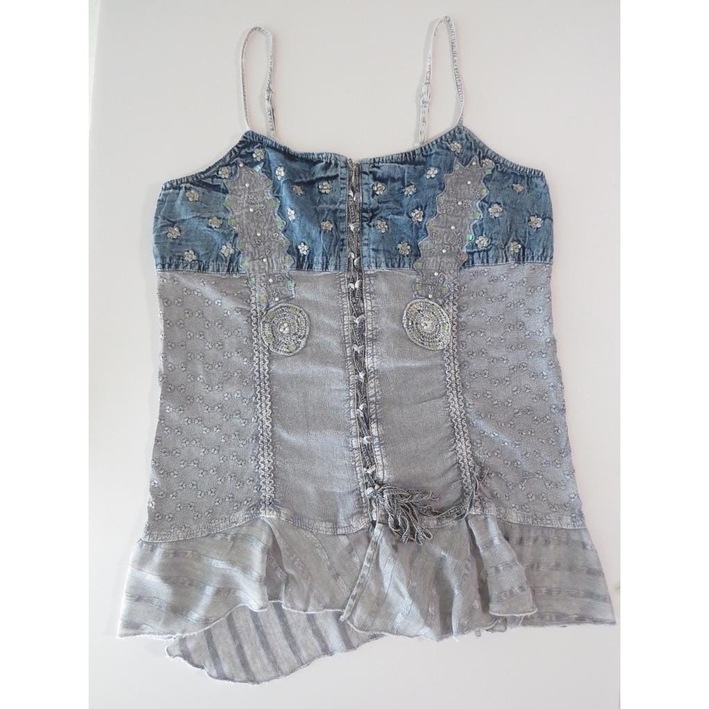 Vintage Italian Positano Jean Paul Embroidered Cami, Denim, Sequins, Beaded